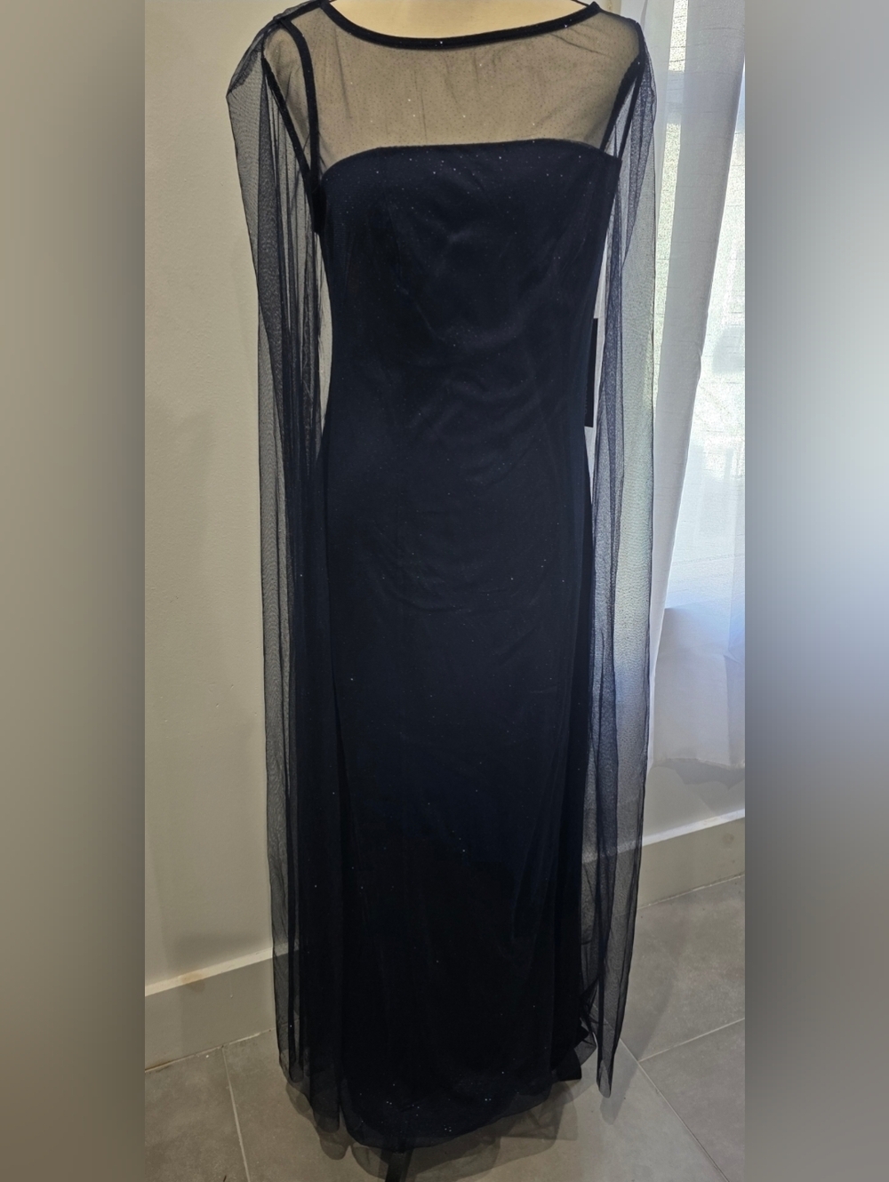 Grace Navy Long Sleeve Sheer Overlay Evening Gown